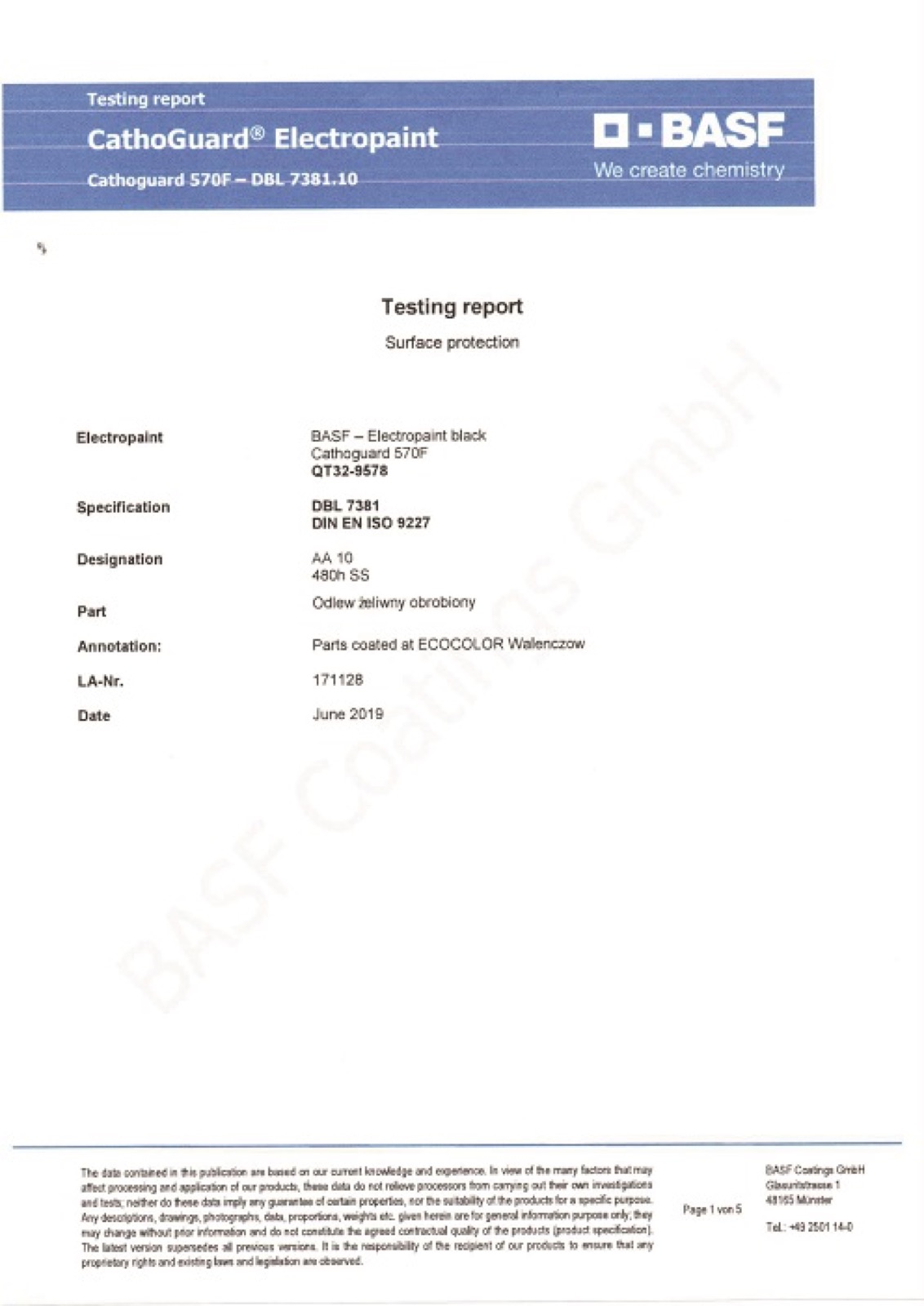 Raport z badań: DBL 7381 / DIN EN ISO 9227 – str. 1